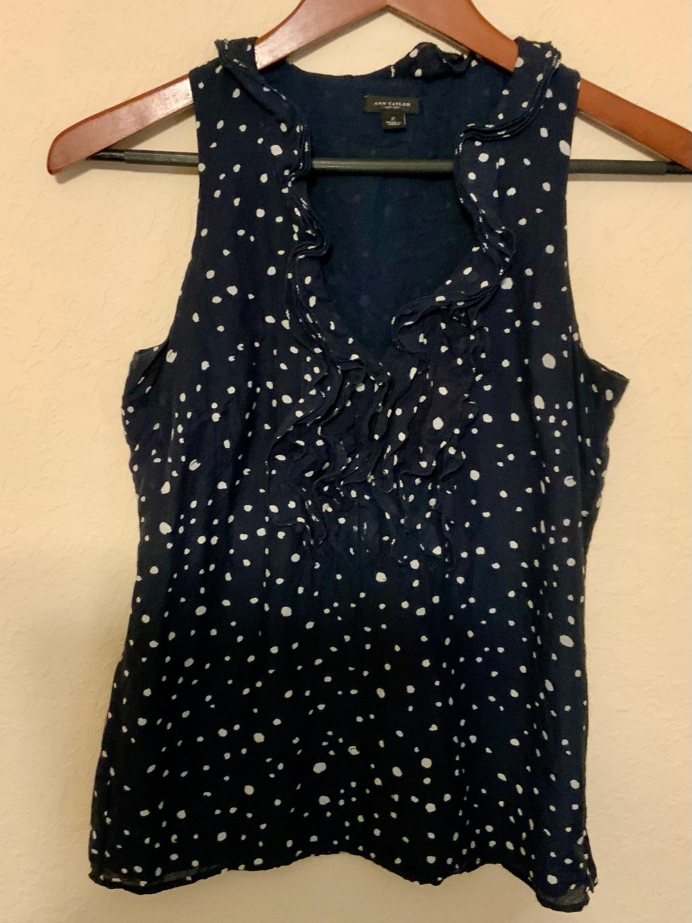 Ann Taylor Navy and White Polka Dot Ruffled Sleeveless Blouse